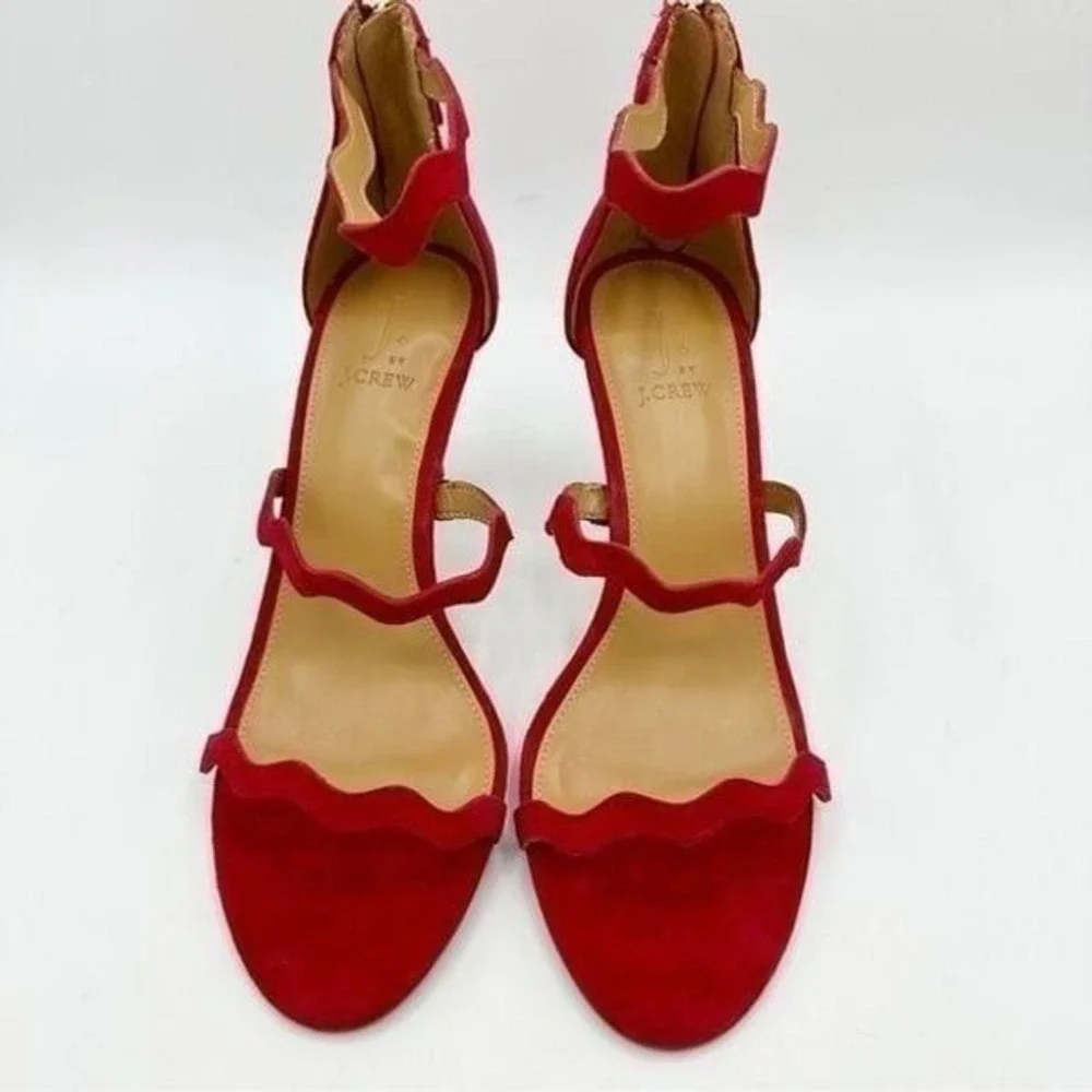 J Crew Red Suede Three-strap Scalloped Stiletto‎ Heeled Sandals Sz 9.5M